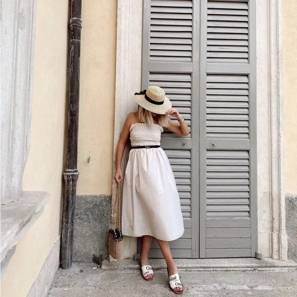 Smocked Bodice Dress Midi H&M Beige - Picture 3 of 10